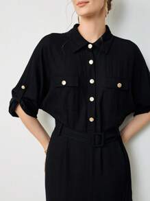 Uhlyne 女装秋季新款法式通勤度假休闲X型亚麻单排扣金属纽扣长袖衬衫裙 - 黑色 - 查看 10