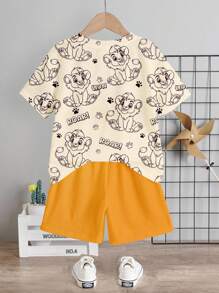 SHEIN 2pcs/Set Young Boy Casual Simple Cartoon Lion Print Round Neck Short Sleeve T-Shirt & Shorts, Suitable For Summer - Multicolor - View 4