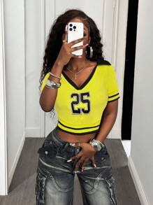 BamGleam Áo thun nữ tay ngắn dệt kim họa tiết sọc chữ đơn giản cổ chữ V màu tương phản mới mùa hè - Màu vàng - Xem 6