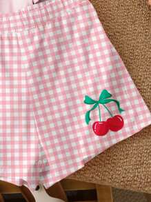 SHEIN Leap Crew 2pcs Cute Pink Butterfly & Cherry Print, Plaid Pattern, Chill Chill Summer, Tween Girl Casual Minimalist Short Sleeve Top And Shorts Set, Suitable For Summer, Back To School, Y2K, Summer Getaway, Vacay Vibes, Summer Holiday Cherry Two Piece Set For Girl Girls Cherry Shirt Cherry Kids Outfit Short Sleeve Sets Girl Summer Pink Gingham Cherry Shorts - Multicolor - View 5
