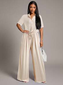 Radiana 女士舒适休闲蓝色宽松两件套：短款衬衫 + 喇叭阔腿裤，适合海岛度假、沙滩装、家居服、聚会、日常穿着 - 杏色 - 查看 6