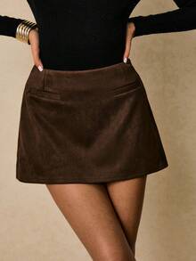 Poéselle 女式纯色仿麂皮仿口袋时尚迷你裙 - 棕色 - 查看 4