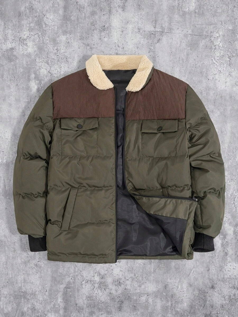 EURMUSE Áo khoác mùa đông chất lượng tốt cổ lông Color Block cho nam - xanh quân đội - Xem 1