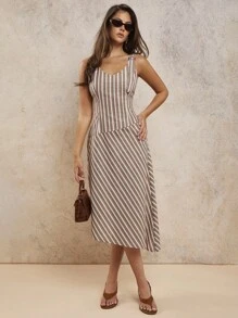 COSMINA 女士条纹印花休闲百搭细肩带中长连衣裙，条纹长裙，大地色条纹连衣裙，夏季连衣裙 - 彩色 - 查看 3