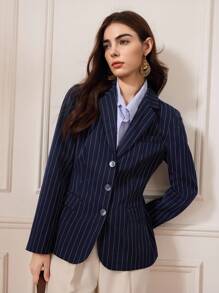 Briarwyn Áo khoác Blazer nữ tay dài thanh lịch in họa tiết sọc cài nút phía trước, mùa thu cho nữ, mùa đông cho nữ, phong cách cổ điển, trở lại trường, giáo viên cho nữ, áo khoác mùa đông - Màu xanh hải quân - Xem 8