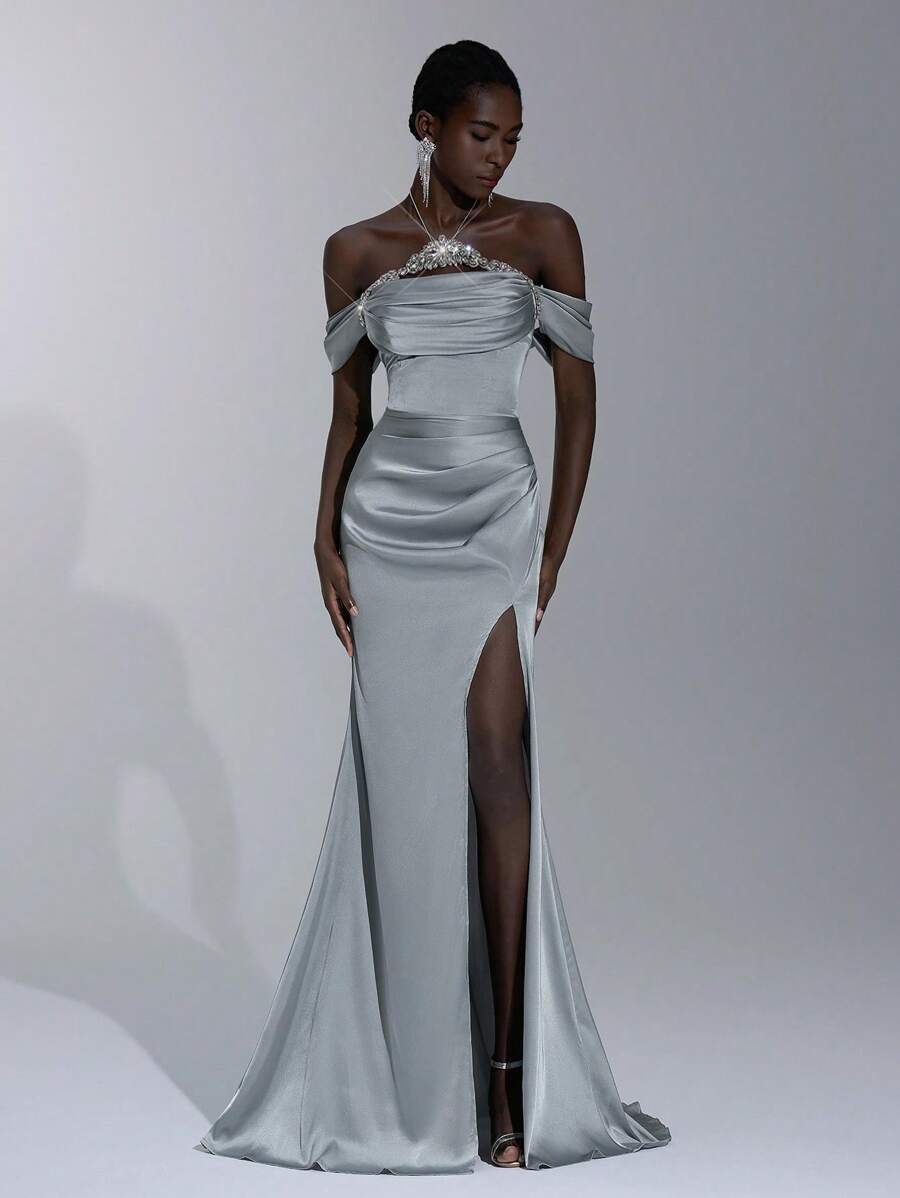 Elitara 优雅灰蓝色缎面露肩露背连衣裙，带有奢华水钻装饰，高腰高开衩，适合约会、度假、生日派对、婚礼、舞会、毕业典礼