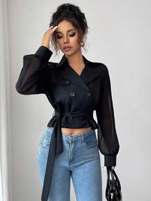 Elenzga Elegant Commuting Chic Fashion Versatile Solid Black Large Lapel Long Sleeve Chiffon Sheer Mesh Paneled Double Breasted Cinched Waist Waist Slim Short Trench Coat For Women Fall Winter Cloth For Women