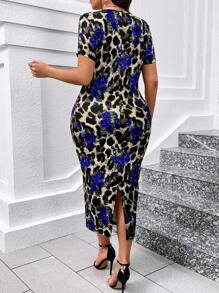 SHEIN Clasi Plus Size Elegant Leopard Rose Print Valentine's Day Dress,Summer Outfits For Women