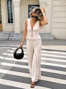 SHEIN Frenchy 2pcs/Set Women Summer Casual Solid Color Sleeveless Top And Wide Leg Pants - Apricot - View 3