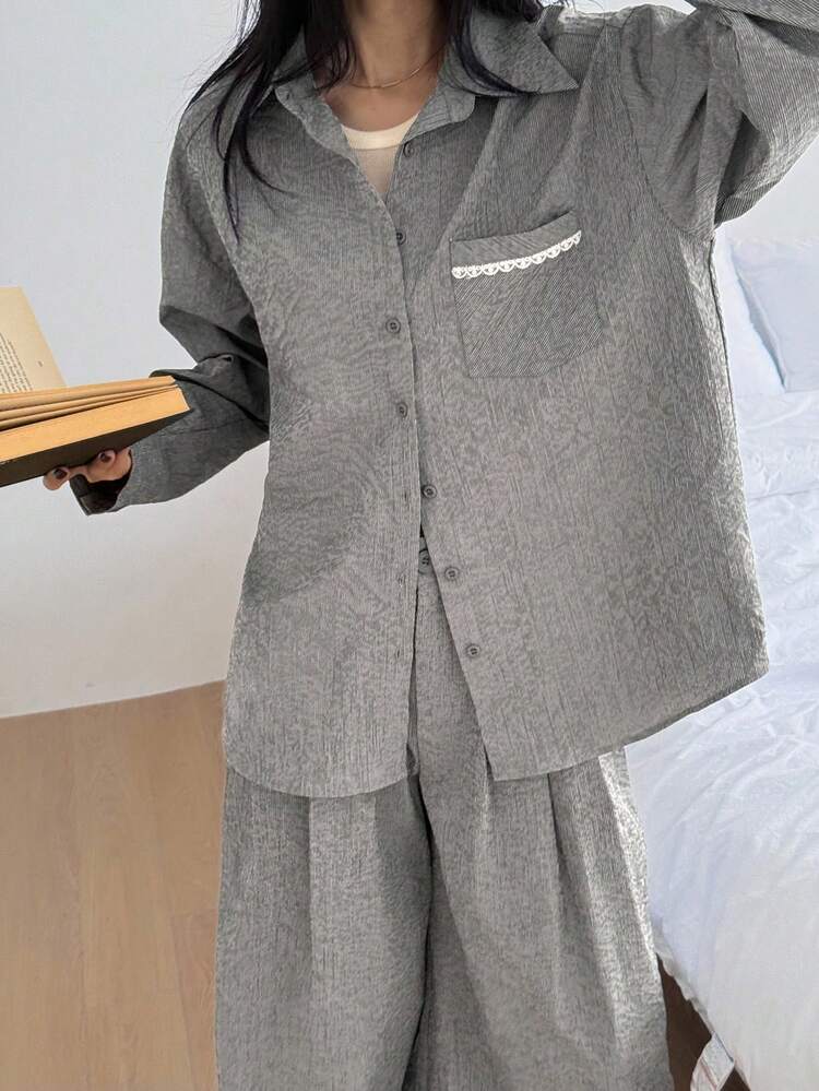 2pcs/Set Women Textured Lace Pocket Splice Loose Long Sleeve Shirt And Loose Pants Casual Urban Streetwear