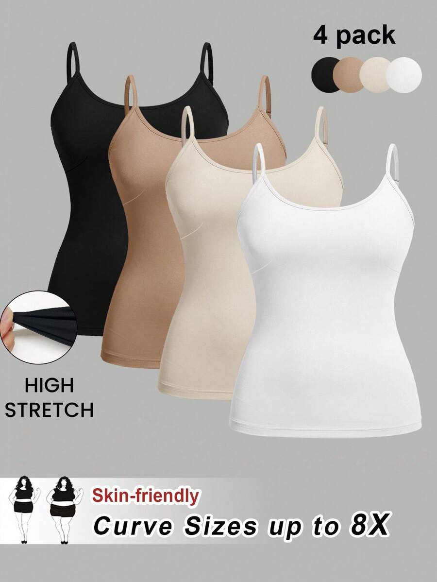 SHEIN CURVE+ 4pcs/Set Plus Size Women Plain Casual Camisole/Spaghetti Strap Tank Tops,Valentine Day - Multicolor - View 1