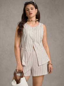 Zelara Plus Size Women's Striped Single Breasted Blazer Vest & Shorts Set,Beige,Summer,Smart Casual,Everyday Khaki Casual Lapel Neckline Woven Outerwear Set - Multicolor - View 5