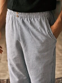 Manfinity VCAY 男士休闲梭织条纹中腰纽扣装饰锥形裤 - 彩色 - 查看 3