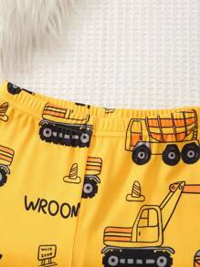 2 件套幼儿男童休闲卡车和字母印花圆领短袖上衣和松紧腰针织紧身裤，可爱家居服 - 黃色 - 查看 6