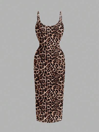 SHEIN EZwear فستان كامي قارب اللبق بطبعة نمر، مناسب للصيف