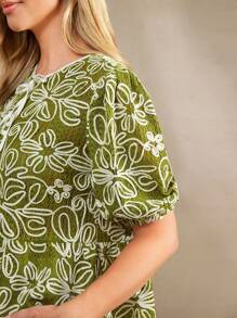 Amorya 女士前系带泡泡袖可爱刺绣度假优雅衬衫，适合情人节、返校季、女教师等场合穿着。 - 綠色 - 查看 5