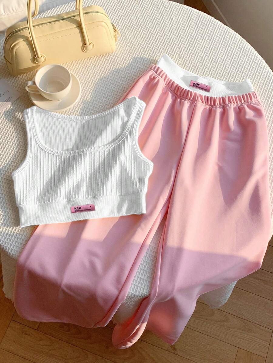 Comfortcana Bộ 2 món/Bộ áo ba lỗ in chữ cho nữ & quần dài ghép màu tương phản, Bộ 2 món cho nữ, Trang phục nghỉ lễ mùa hè, Vàng kem - trắng - Xem 1