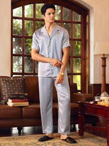 SHEIN EverLounge Conjunto de cardigan de manga larga estampado con billetes de estilo británico vintage para caballero en gris