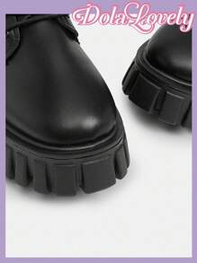Dola Lovely 新款女式欧美风格靴子，前系带，侧拉链，蝴蝶结装饰，复古圆头，甜美酷炫，厚底，时尚踝靴 - 黑色 - 查看 8