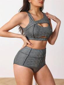 Menodora SHEIN Sport Damski czarny rozciągliwy zestaw sportowy z powłoką ze skóry węża do tańca na rurze i na scenę