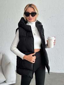 SHEIN Tall Tall Size Casual Zip Up Hooded Winter Coat Vest - Black - View 6