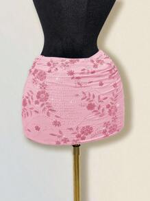 Sweetina Women's Sequin Embroidery Overlap Ruched Bodycon Skirt Pink Skirt - Pink - View 8