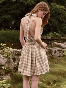 SHEIN Holidaya Summer Plaid Halter Neck Dress (Random Print Design) - Khaki - View 2