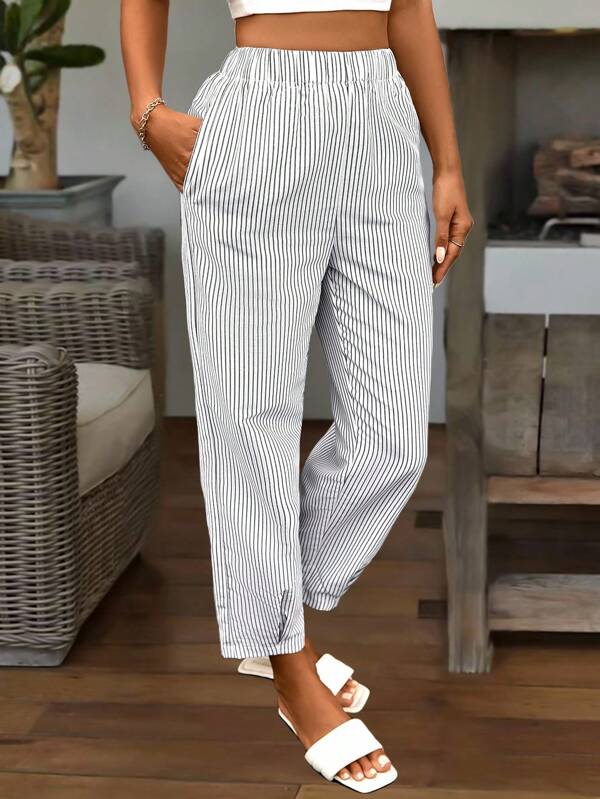 INAWLY Women Striped Elastic Waist Tapered Casual Pants