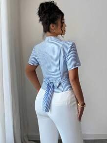 Elenzga Elegant Summer Shirt With Woven Stripes For Plus-Size Women - Blue and White - View 2