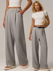 Avantive 女士条纹长裤夏威夷女士办公室女士西装裤秋冬居家舒适 - 卡其色 - 查看 1