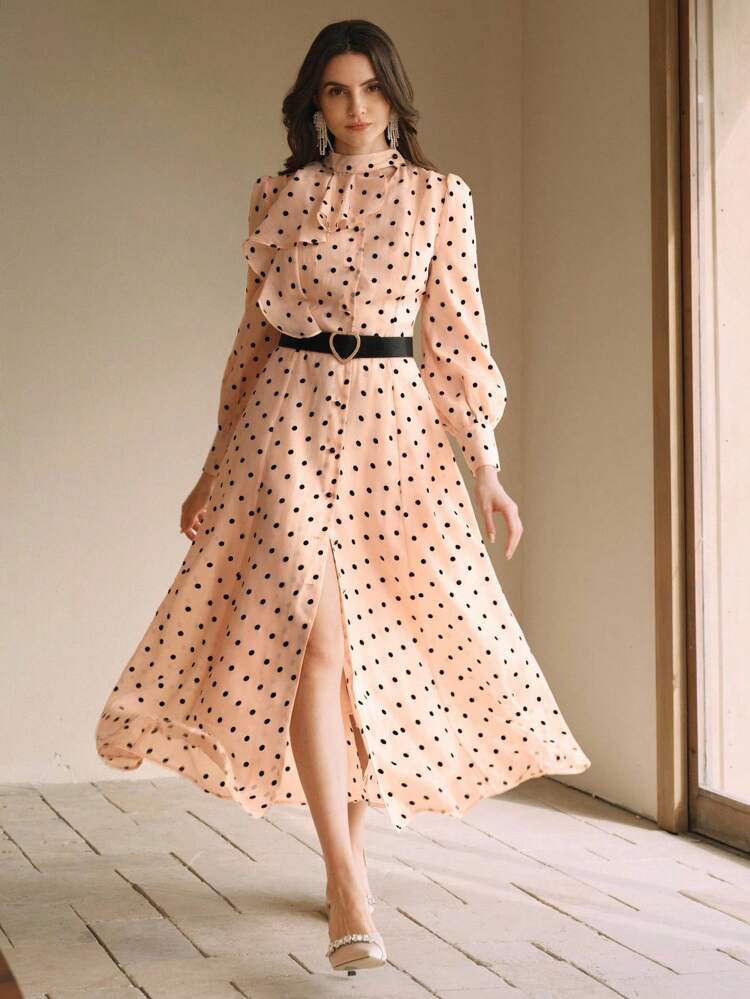 Elegant Long Sleeve Polka Dot Mock Neck A-Line Dress With Cinched Waist Maxi Organza Women Outfit
