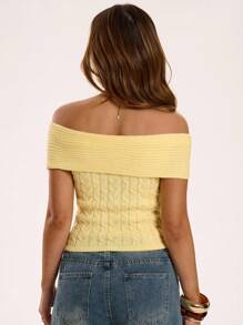 SHEIN BAE Summer Casual Solid Color Knitted Top,Cute,Streetwear,Basic Tops,Knit Sweater,Back To School,Off The Shoulder Sweater,Cute Sweater,Cropped Sweater,Fall For Women,Fall Sweaters,Off The Shoulder Sweater,Off Shoulder Sweater,Fall For Women,Fall Sweaters,Fall Women,Halloween Sweater - Yellow - View 2