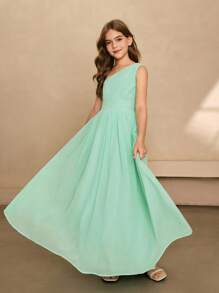 Minimalist Elegant Solid Color Dress, Tween Girls Partywear - Olive Green - View 1