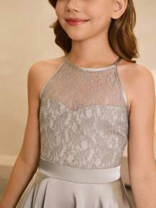 婚礼季女童蕾丝拼接雪纺前短后长高端连衣裙，适合舞会、生日派对、毕业典礼、万圣节的短款礼服 - 灰色 - 查看 6