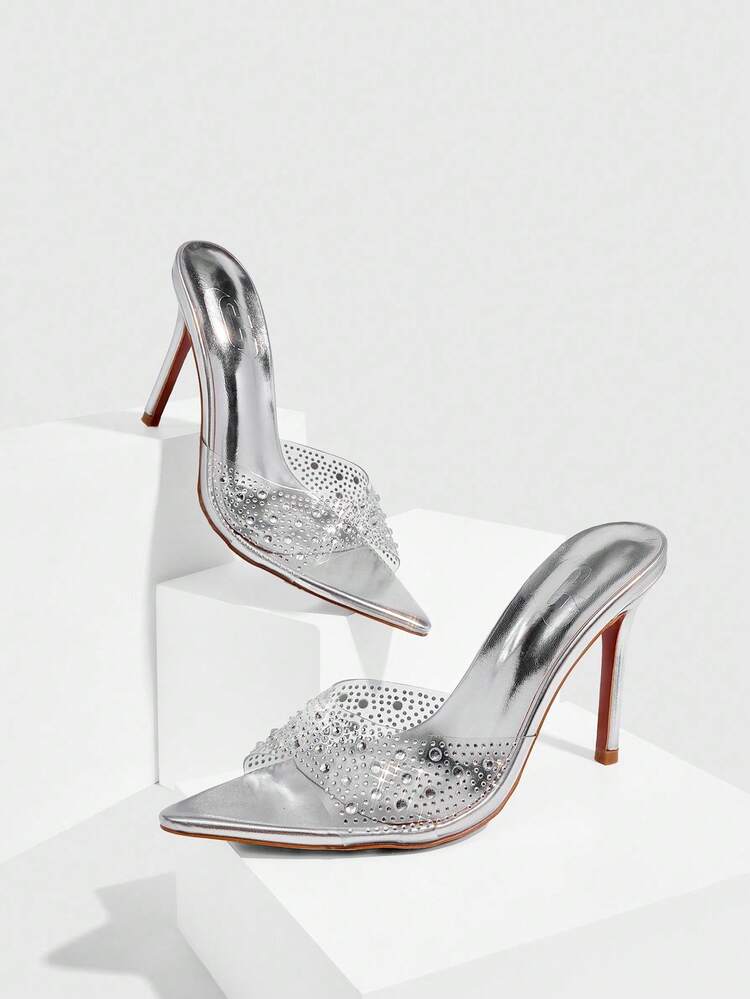 CUCCOO SZL Women's Transparent TPU Rhinestone Silver Metal Pointed Toe Sexy Fashion Mule High Heel Sandals