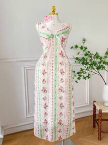 SHEIN EZwear Floral Print Plus Size Long Dress With Bow Decor, VNeck — free download
