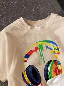 SHEIN Leap Crew 3件套青少年男童休闲简约卡通游戏机印花短袖圆领T恤，白色、黑色、卡其色可选，适合夏季穿着，棉混纺面料。 - 彩色 - 查看 3