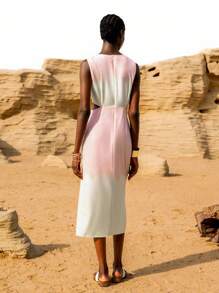 Lumivelle Robe midi fendue à volants et à col en V style pastoral fleuri pour femmes - Multicolore - Voir 2