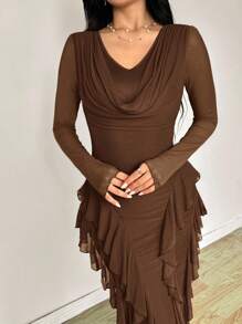 Modelyn Vestido elegante de mujer con cuello de pico, elástico, de malla, con volantes en el bajo, ajustado, para primavera/verano - Marrón - Ver 6