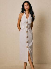 Poéselle Women's Elegant Beige Summer Halter Ruched Midi Dress,Linen-Blend Backless Front Slit Sundress With Metal Shaped Buttons,Vacation Holiday Outfit - Khaki - View 3