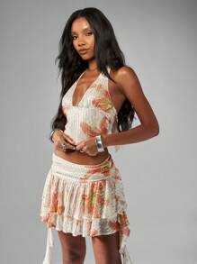 MISSGUIDED 手工制作的亮片迷你裙，分层褶边设计，节日派对俱乐部服装，晚装，高腰，闪耀节日，特殊场合，花卉图案 - 彩色 - 查看 3