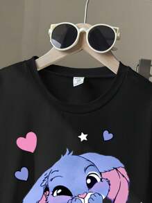 女童可爱兔子卡通印花圆领短袖T恤和紧身针织喇叭裤黑色可爱两件套 - 黑色 - 查看 5