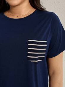 SHEIN LUNE Camiseta informal de verano de estilo occidental, bohemio y de los 90 para mujer, con tallas grandes, en diseño de parches a rayas y en contraste de color, con bolsillo decorativo, para salir