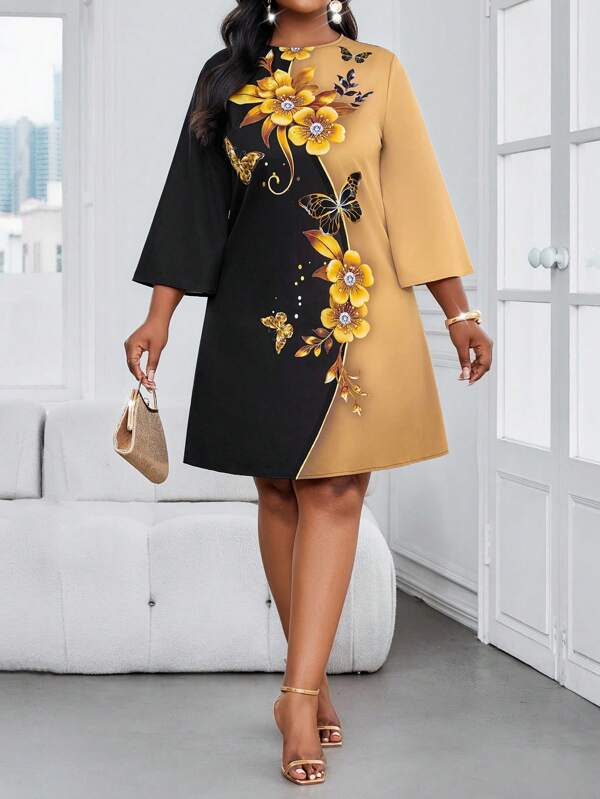 SHEIN Lady Spring And Summer Casual Elegant Commuting Office Colorful Woven Round Neck Straight Bell Sleeve Midi Three Quarter Length Sleeve Plus Size Dresses Summer Outfits For Women Summer Dresses For Women Summer Clothes Vacation Outfits Women Summer Dresses Women Summer Clothes Office Outfits For Women Women Clothing Summer Plus Size Summer Clothes Office Dresses