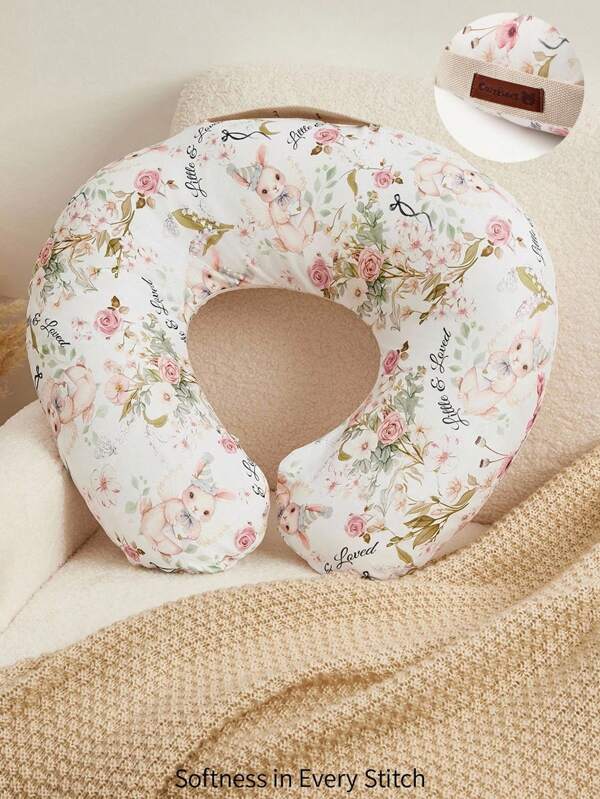 Cozy Pixies 1 szt. Miękka i wygodna poduszka ciążowa/do karmienia w stylu wiejskim z nadrukiem królika z uchwytem, zapewniająca wsparcie podczas snu i karmienia piersią