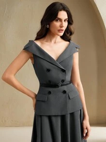 Anewsta Đầm midi màu xám thiết kế trễ vai thanh lịch mới, thắt eo, trang phục công sở - Xám - Xem 3