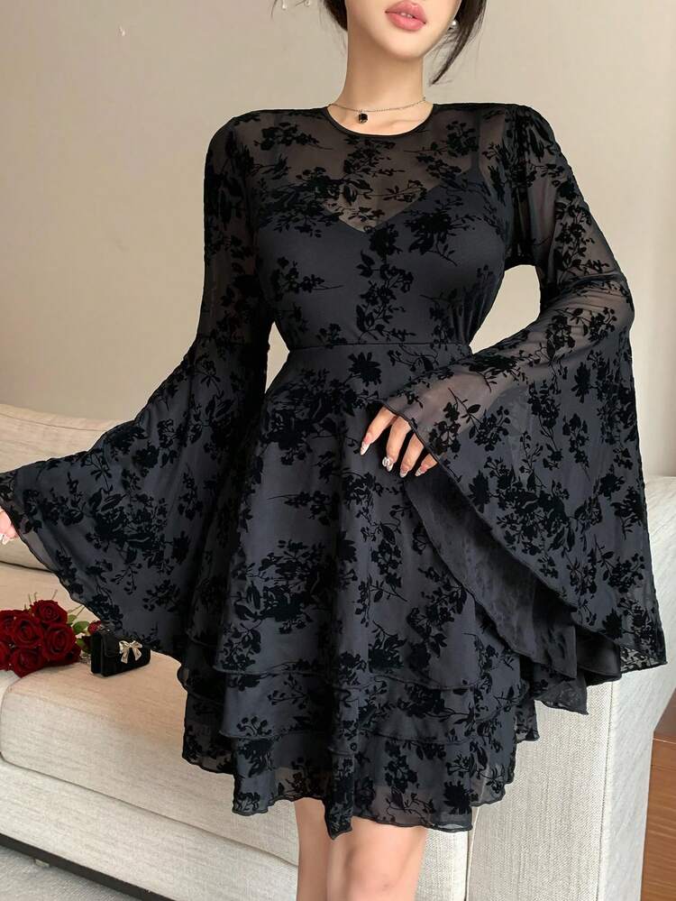 Women's Fall Round Neck Long Sleeve Mesh Net Flocking Floral Texture Cinched Waist A-Line Mini Casual Dress