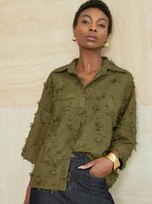 Aveloria Modichic 橄榄绿色 3/4 袖休闲衬衫，宽松版型，经典领口，穿着舒适 - 橄欖綠 - 查看 5