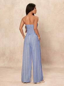 SHEIN PETITE Casual gestreepte top met enkelrijgsm en wijde broek voor dames, modieuze set van 2 stuks, loungesets voor dames, voor dagelijks gebruik