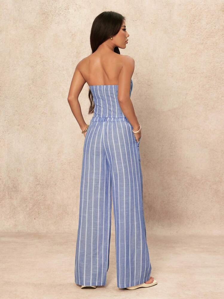 SHEIN PETITE Conjunto Casual Feminino de 2 Peças com Regata Listrada de Abotoamento Único e Calça Pantalona, Conjuntos de Loungewear para Uso Diário - Azul bebê - Visão 2